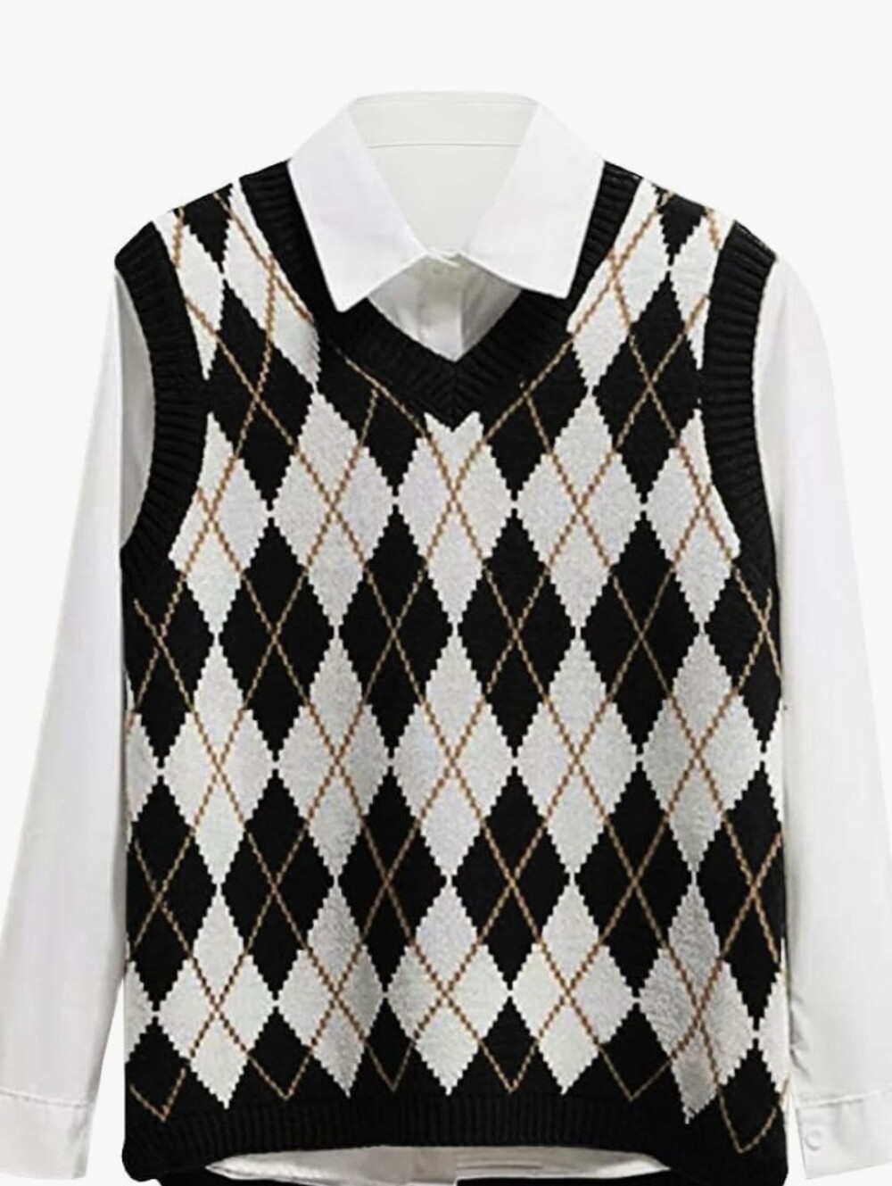 Men's Black & White Argyle V-Neck Sweater Vest